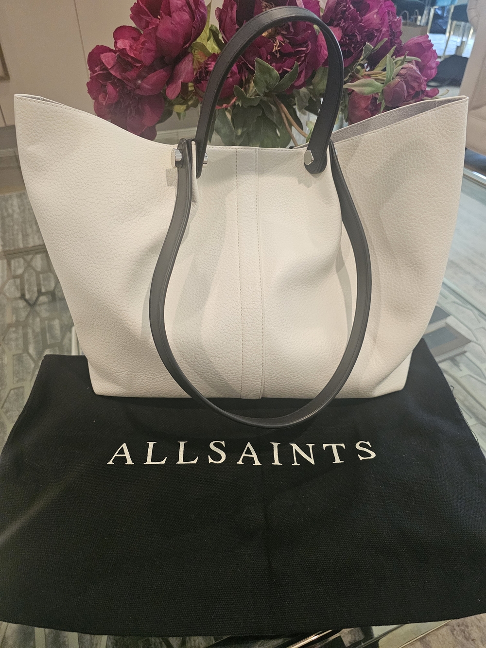 All Saints Allington E/W White Leather Tote Bag with Black Handles